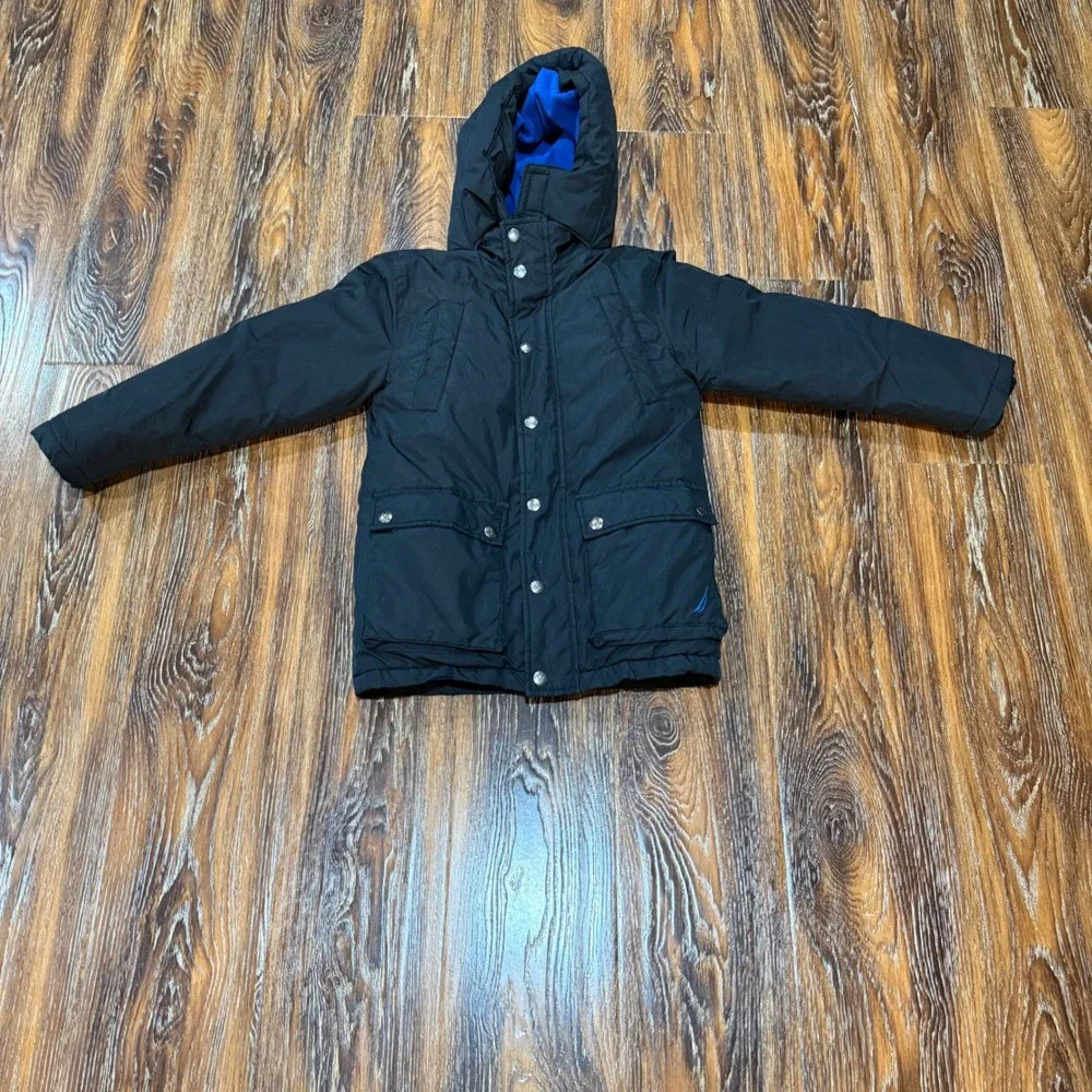 Nautica Boys Size 7 Black Hooded Winter Parka Jacket Fleece Lined Heavy Coat